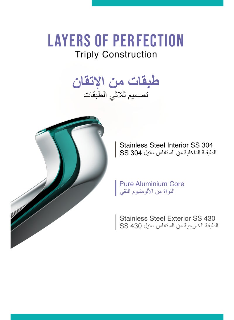 بيرجنر طقم أواني بيرغنر تراي برو 4 قطع فولاذ ثلاثي الطبقات: مقلاة كاداي ووك عميقة 22سم بغطاء، مقلاة 22سم، مقلاة تادكا 10سم، طهي صحي بزيت أقل وتوزيع حراري متساوٍ، جاهز للاستخدام على مواقد الحث والغاز - Image 3